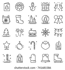 Christmas holiday thin line icons set. New Year celebration outline collection. Basic xmas winter elements. Vector simple flat linear design. Modern trendy illustration. Symbols. Christmas set