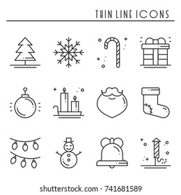 Christmas holiday thin line icons set. New Year celebration outline collection. Basic xmas winter elements. Vector simple flat linear design. Modern trendy illustration. Symbols. Christmas set