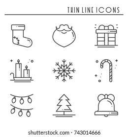 Christmas holiday thin line icons set. New Year celebration outline collection. Basic xmas winter elements. Vector simple flat linear design. Modern trendy illustration. Symbols. Christmas set