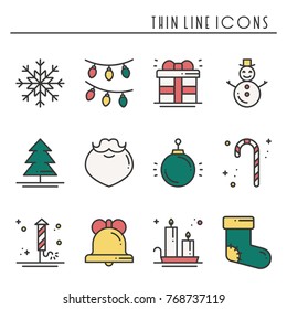 Christmas holiday thin line icons set. New Year celebration outline collection. Basic xmas winter elements. Vector simple flat linear design. Modern trendy illustration. Symbols. Christmas set