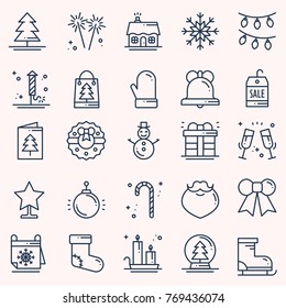 Christmas holiday thin line icons set. New Year celebration outline collection. Basic xmas winter elements. Vector simple flat linear design. Modern trendy illustration. Symbols. Christmas set 2018