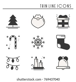 Christmas holiday thin line silhouette icons set. New Year celebration outline collection. Basic xmas winter elements. Vector simple flat linear design. Trendy illustration. Symbols. Christmas set