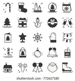 Christmas holiday thin line silhouette icons set. New Year celebration outline collection. Basic xmas winter elements. Vector simple flat linear design. Trendy illustration. Symbols. Christmas set