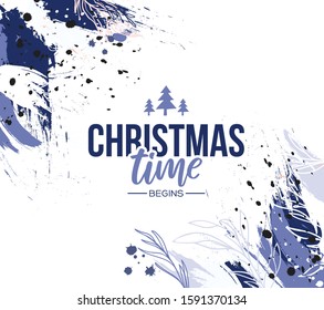 Christmas holiday time ad abstract background. Abstract artistic paint brush traces and announcement text.