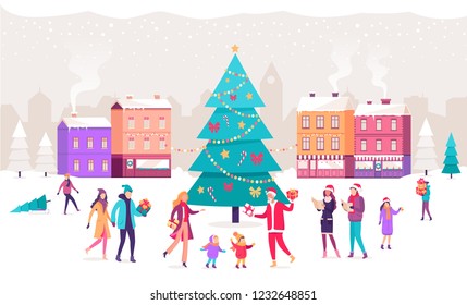 Christmas holiday town color decorated square and christmas tree