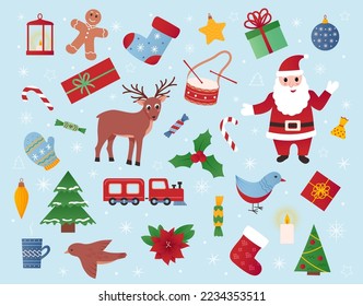 Christmas holiday toys, gift icons. Drum and xmas tree, train and deer, bird and snowflakes, gingerbread and mistletoe plant. Santa and cartoon elements. Vector traditional utter pattern