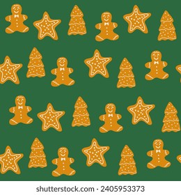 Christmas holiday traditional decoration. Gingerbread cookie biscuit pastry treat green yellow. Hand drawn pattern vector illustration. Surface design home fabric stationery gift party