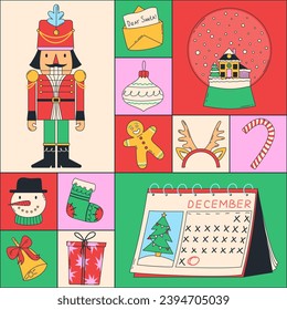 Christmas holiday traditional elements with geometric seamless pattern. Vector illustration. Colorful square composition. Modern style Christmas and Happy New Year background, card, poster, wrapping