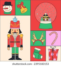 Christmas holiday traditional elements with geometric seamless pattern. Vector illustration. Funny Nutcracker. Colorful square composition. Modern style Christmas and Happy New Year background, card