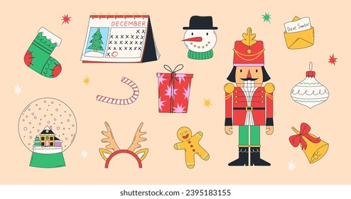 Christmas holiday traditional elements with geometric seamless pattern. Vector illustration. Doodle style. Modern style Christmas and Happy New Year background, card, poster, wrapping paper design