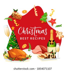 Christmas holiday traditional menu design template. Vector flat cartoon illustration of roasted turkey, champagne, gingerbread and pie. Abstract red frame, poster or banner for seasonal meal recipes