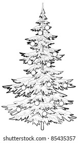 Christmas holiday tree with ornaments: balls and stars, contours, vector