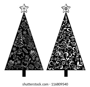 Christmas holiday trees, black silhouette on white background, with outline floral pattern and cartoons. Vector