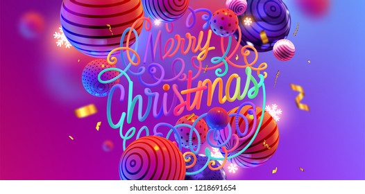 Christmas holiday trendy cover background design with liquid dynamic fluid spheres, glow snowflakes and shapes for greeting card, banner, placard or poster. Eps10 vector illustration