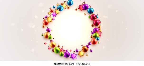 Christmas holiday trendy cover background design with liquid dynamic fluid spheres, Xmas balls and toys frame for greeting card, banner, placard or poster. Eps10 vector illustration