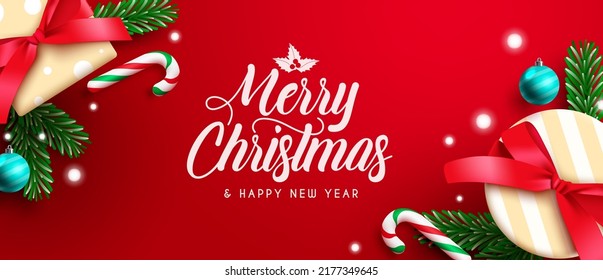 Diseño de fondo vectorial navideño. Feliz navidad texto de bienvenida en el espacio rojo con regalos, hojas de pino y decoración de caña de caramelos para mensajes de plantilla de temporada navideña. Ilustración vectorial.
