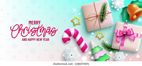 Christmas holiday vector background design. Merry christmas greeting text with gifts, candy cane and bell elements for xmas decor and messages. Vector illustration.
