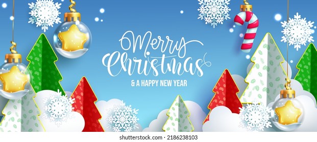 Christmas holiday vector background design. Merry christmas typography text with paper cut xmas tree and snowflakes in clouds decor for holiday season messages. Vector illustration.
