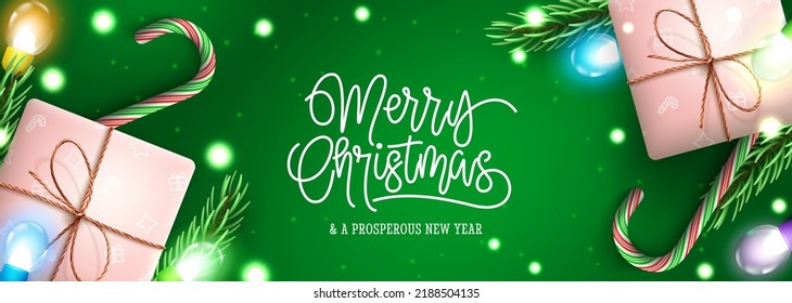 Diseño de fondo vectorial navideño. Feliz navidad de texto de bienvenida con regalo, caña de caramelo y elementos de luces para Navidad presente y mensajes. Ilustración vectorial.
