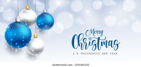Christmas holiday vector background design. Merry christmas greeting text with blue and silver hanging balls for xmas season decoration and greeting. Vector illustration.
