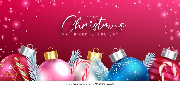 Christmas holiday vector background design. Merry christmas greeting text with colorful and shiny xmas balls in red background for xmas season messages.  Vector illustration.
