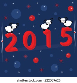 Christmas holiday vector background with numerals 2015, snowflakes and three white sheep. Xmas illustration for your design covers, postcards or invitations.