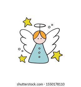 Christmas holiday vector card with angel. Isolated on white background. Vector illustration