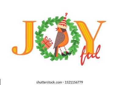 Christmas Holiday vector. Cute winter bird in elf hat xmas tree wreath sign. Fancy Christmas quote wish word Joyful colorful vintage cartoon illustration. New year season event greeting eve background