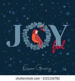 Christmas Holiday vector. Cute winter bird in xmas tree wreath sign. Fancy Christmas quote fun wish word Joyful colorful vintage cartoon illustration. New year season event greeting eve background