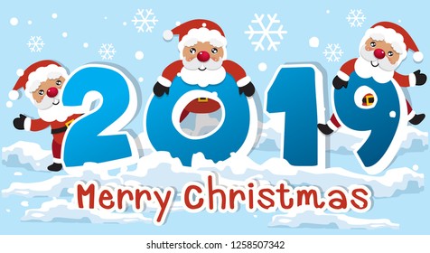Christmas Holiday Vector. Decorations with 3 funny Santa Cluases with 2019 number playing in light blue snowvy background. Great for Christmas idea concept.