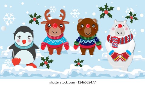 Christmas holiday vector. Decorations with happy Polar bear and reindeer on snowy light blue background. Great for Christmas and New Year idea concept.