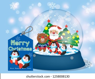 Christmas Holiday Vector. Decorations with Santa Clu- as, bear and penguins in snowglobe and Christmas tag on snowvy blue background. Great for Christmas and idea concept.