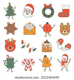 Christmas holiday vector elements in retro groovy style isolated on white. Cute Santa Clous, gift, Christmas tree, cocoa mug, Gingerbread cookie, Christmas decoration hippy style 60s,70s. Holly Jolly.