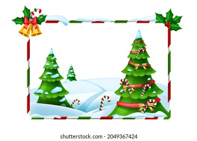 Christmas holiday vector frame, New Year winter background, forest view, decorated x-mas tree. Celebration festive framework, snowdrift, candy cane, golden bell. Christmas striped cartoon frame