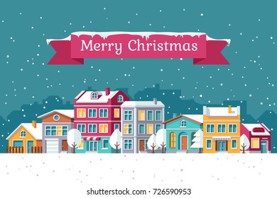 Christmas holiday vector greeting card with winter cityscape in snow. Christmas town building, cityscape winter illustration