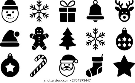 Navidades Festiva Vector Icon Set - Negro Sólido y Símbolos de Contorno Colección