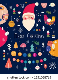Christmas holiday vector illustration with Santa Claus and decorative elements
