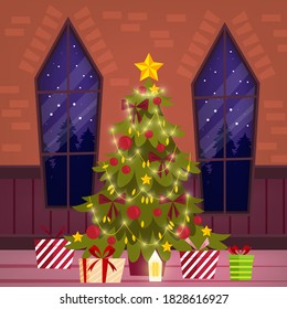 Christmas holiday vector illustration with x-mas fir tree, gifts, windows, garland,lights. Winter noel and New Year indoor postcard with presents, star,decorated pine, wall. Christmas cartoon postcard