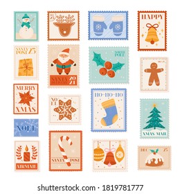 Christmas vintage postcard with postage stamps Vector Image