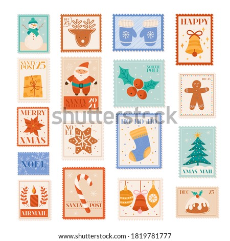 Christmas holiday vector postage stamps, postcard design elements, winter letter post, santa, snowflakes, xmas tree, party tag collection, snowman decoration doodle scrapbook print set, new year card
