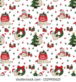 Christmas Holiday Vector Seamless Pattern Sloth Santa Claus with Presents 