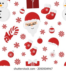 Vector navideño sin fisuras patrón colorido fondo. Santa, caña de caramelo, adorno de copos de nieve. Para imprimir en textiles, papel de envoltura, libro de recortes.