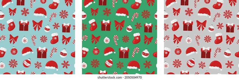 Christmas holiday vector seamless pattern colorful background. Santa, candy cane, snowflakes ornament. For printing on textile, wrapping paper, scrapbook.
