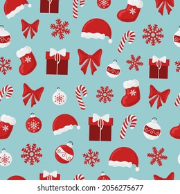 Christmas holiday vector seamless pattern colorful background. Santa, candy cane, snowflakes ornament. For printing on textile, wrapping paper, scrapbook.