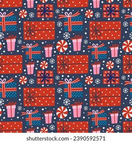 Christmas holiday vector seamless pattern in Scandinavian style, flat illustration.