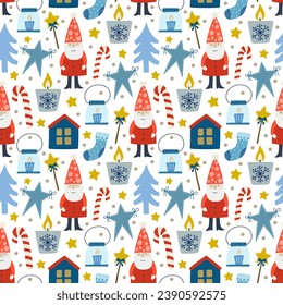 Christmas holiday vector seamless pattern in Scandinavian style, flat illustration.