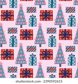 Christmas holiday vector seamless pattern in Scandinavian style, flat illustration.