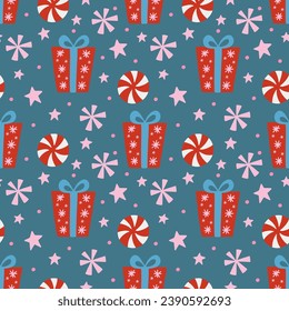 Christmas holiday vector seamless pattern in Scandinavian style, flat illustration.