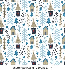 Christmas holiday vector seamless pattern in Scandinavian style, flat illustration.
