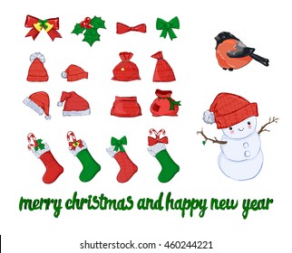 Christmas holiday vector set. Red Santa's boot. red santa hats. Santa Claus red bag. bullfinch